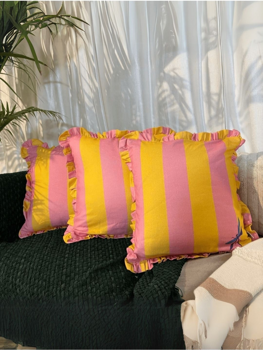 LUSHLYF Dragonfly Carnival Yellow & Pink 3 Pieces Striped Cotton Square Cushion Covers