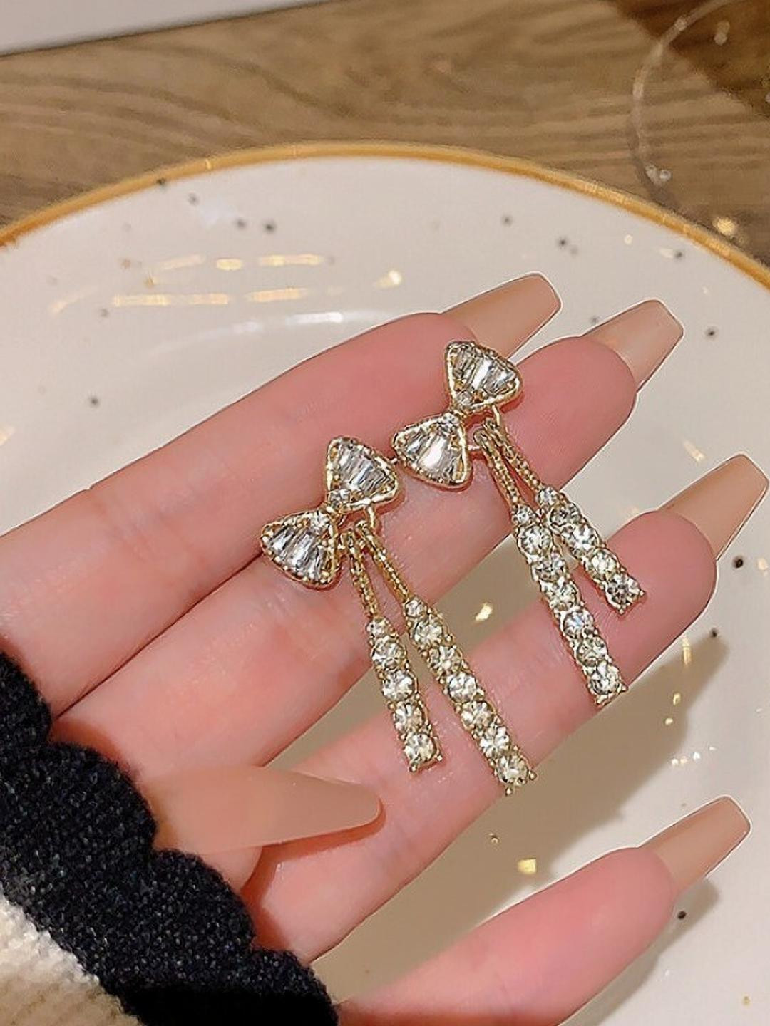 AKISON JEWELS Women Gold Crystal Bow Drop Earrings