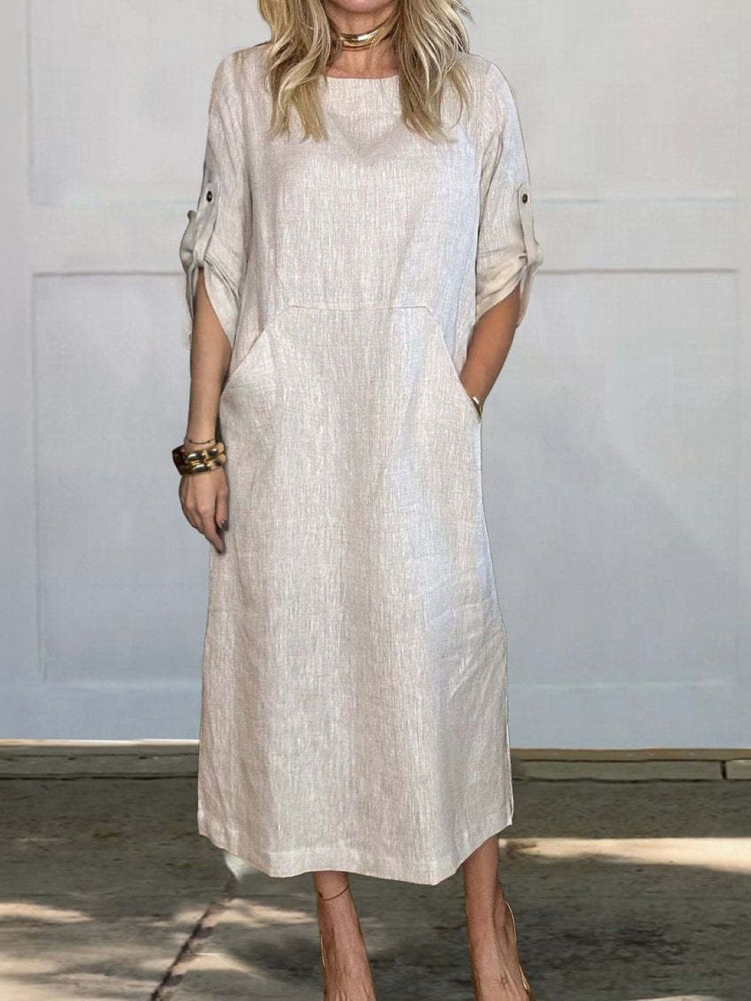 KPOP Women Round Neck Roll-Up Sleeves Shift Dress