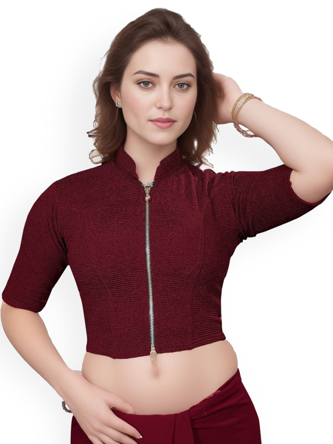 SS Sanket Synthetics Mandarin Collar Full Zip Saree Blouse