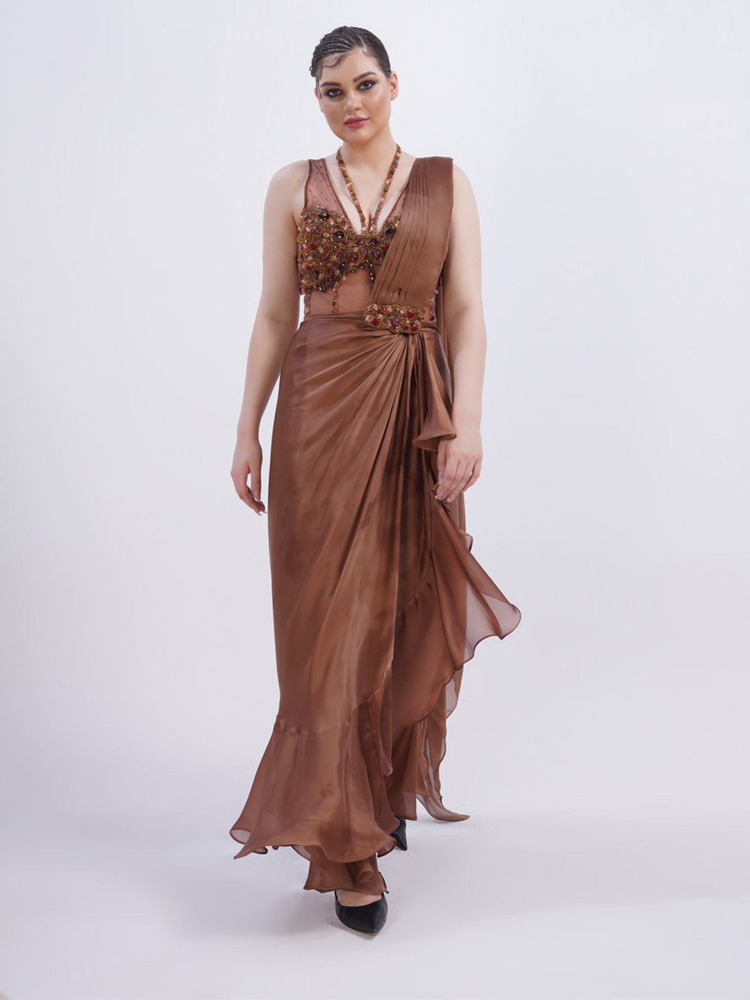 MERGE DESIGN Beads & Stones Pure Chiffon Saree