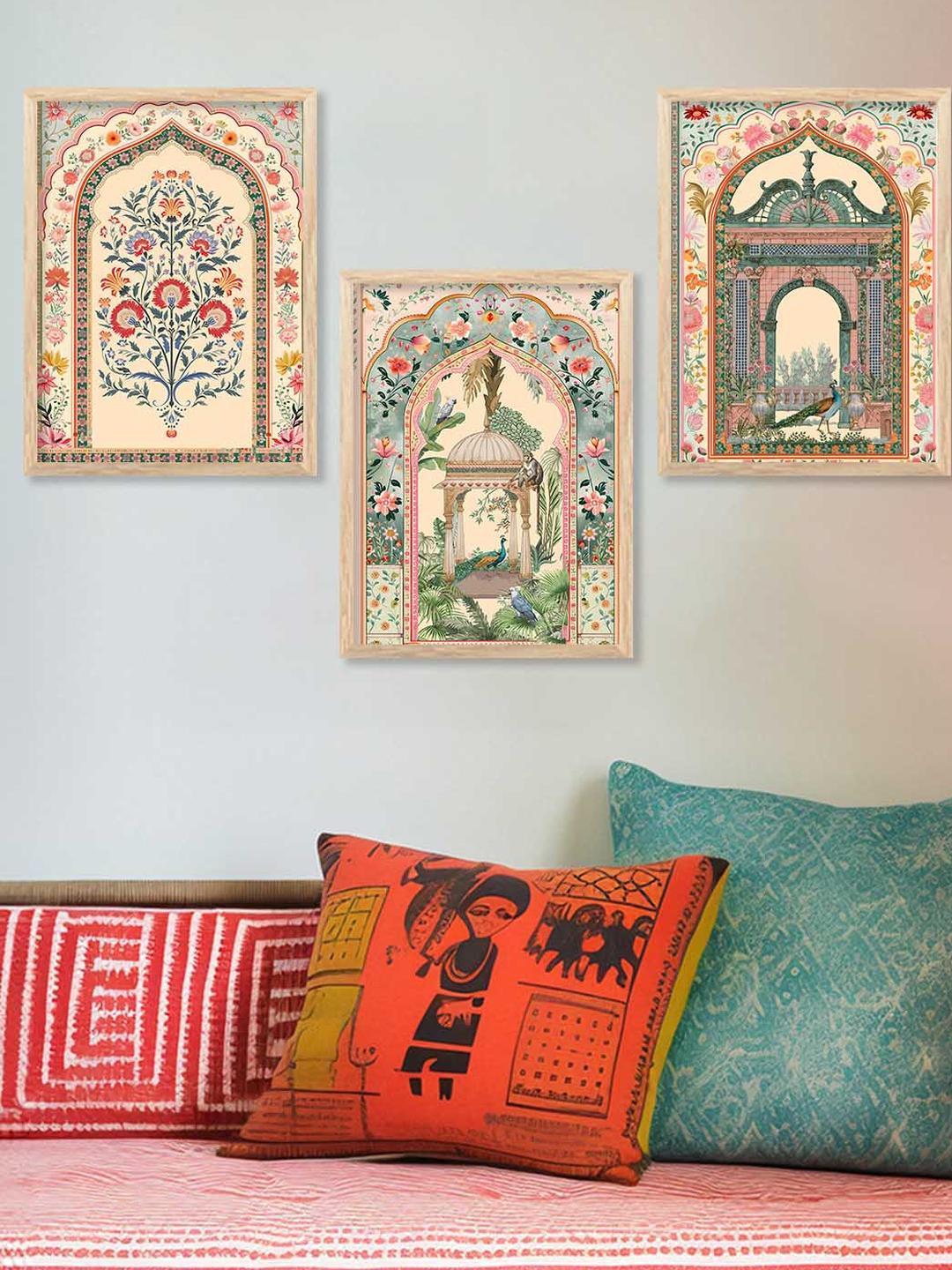 WALLLANE 3 Piece Brown & Beige Wood Frame Wall Painting