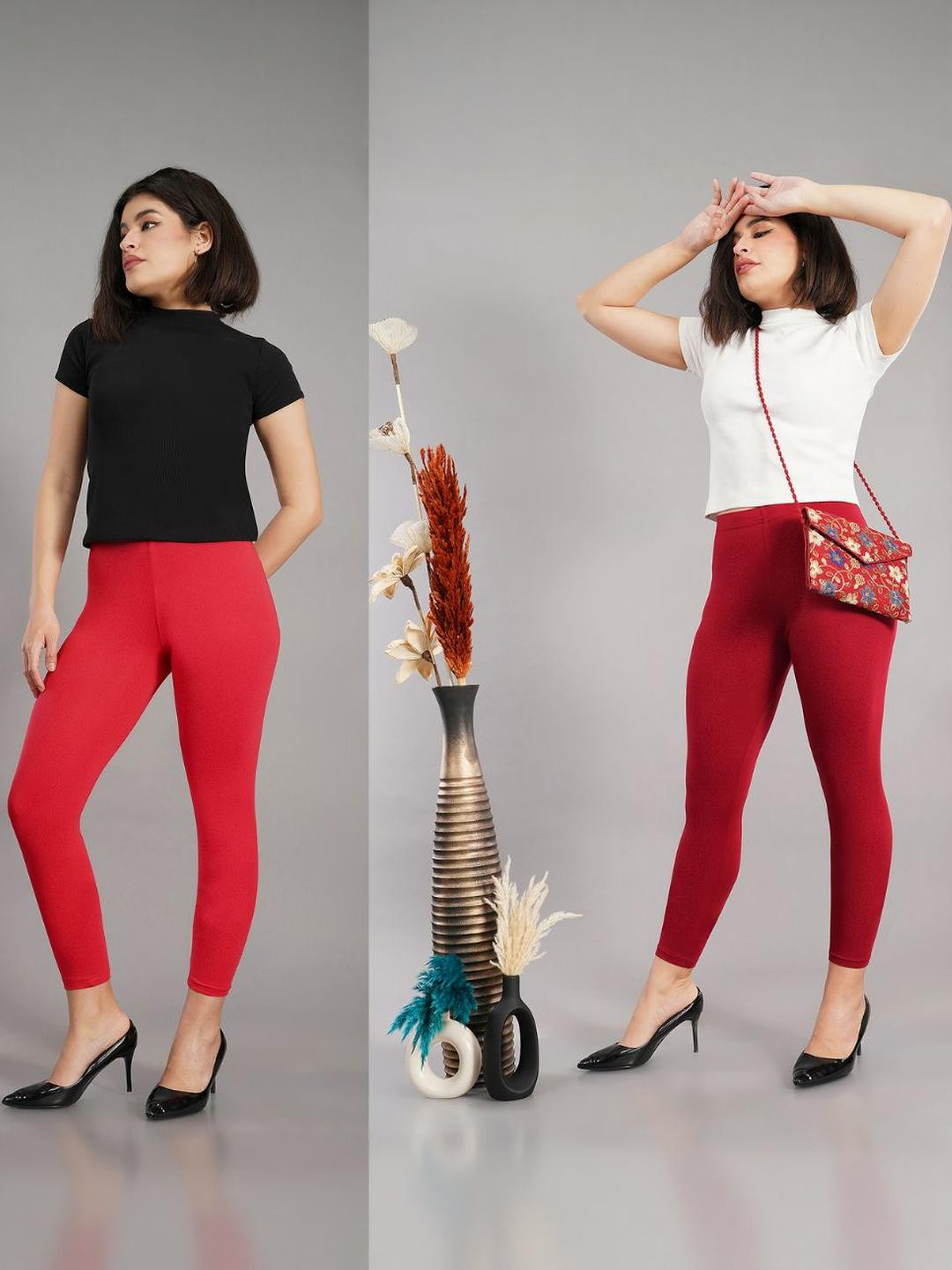 Avaasa Buy Shruthi Women Pack Of 2 Maroon & Coral Red Viscose Rayon Ankle Length Leggings