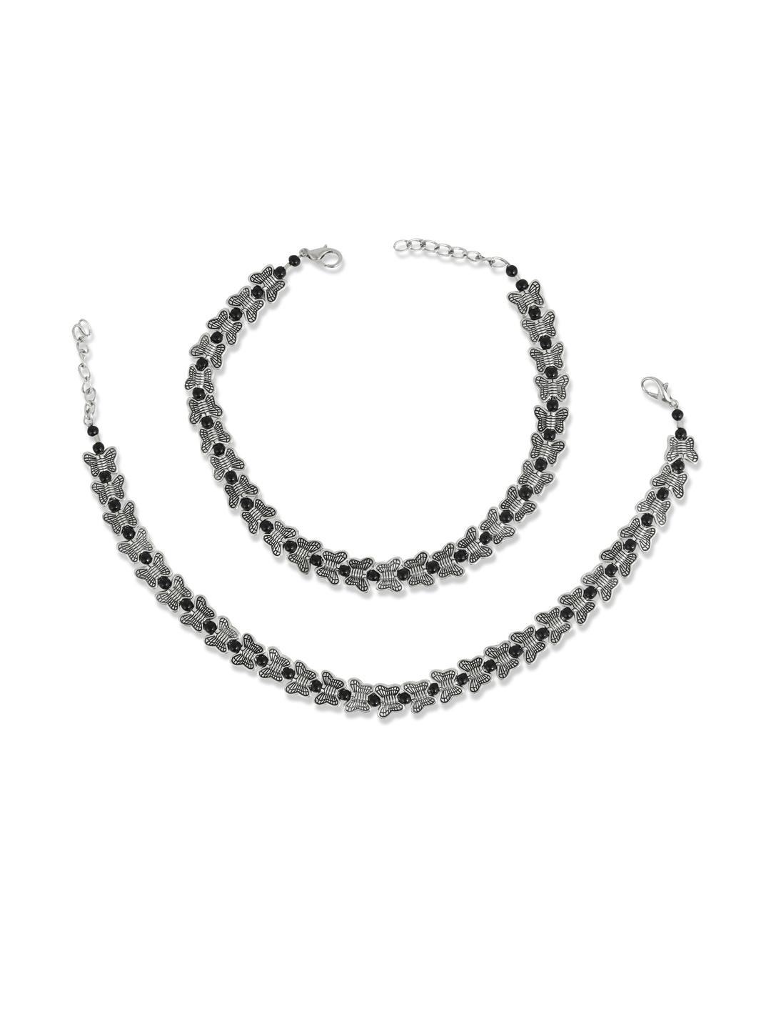 CHARMS Women Set of 2 Black Alloy Anklet with Artificial Stones and Beads for Ethnic Wear