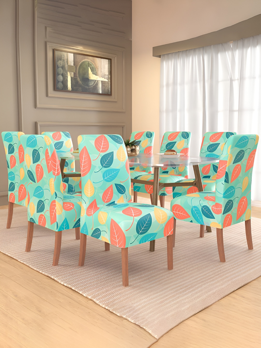 Kuber Industries Green & Yellow 8 Pieces Printed Stretchable Table Chair Covers