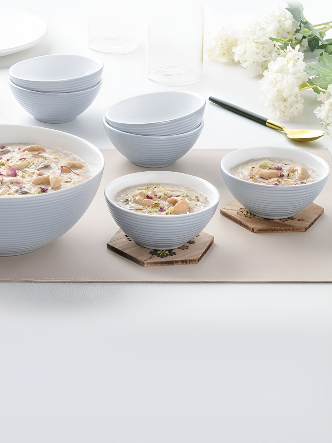 Larah by BOROSIL Grey 7 Pcs Textured Opalware Matte Serving Bowl