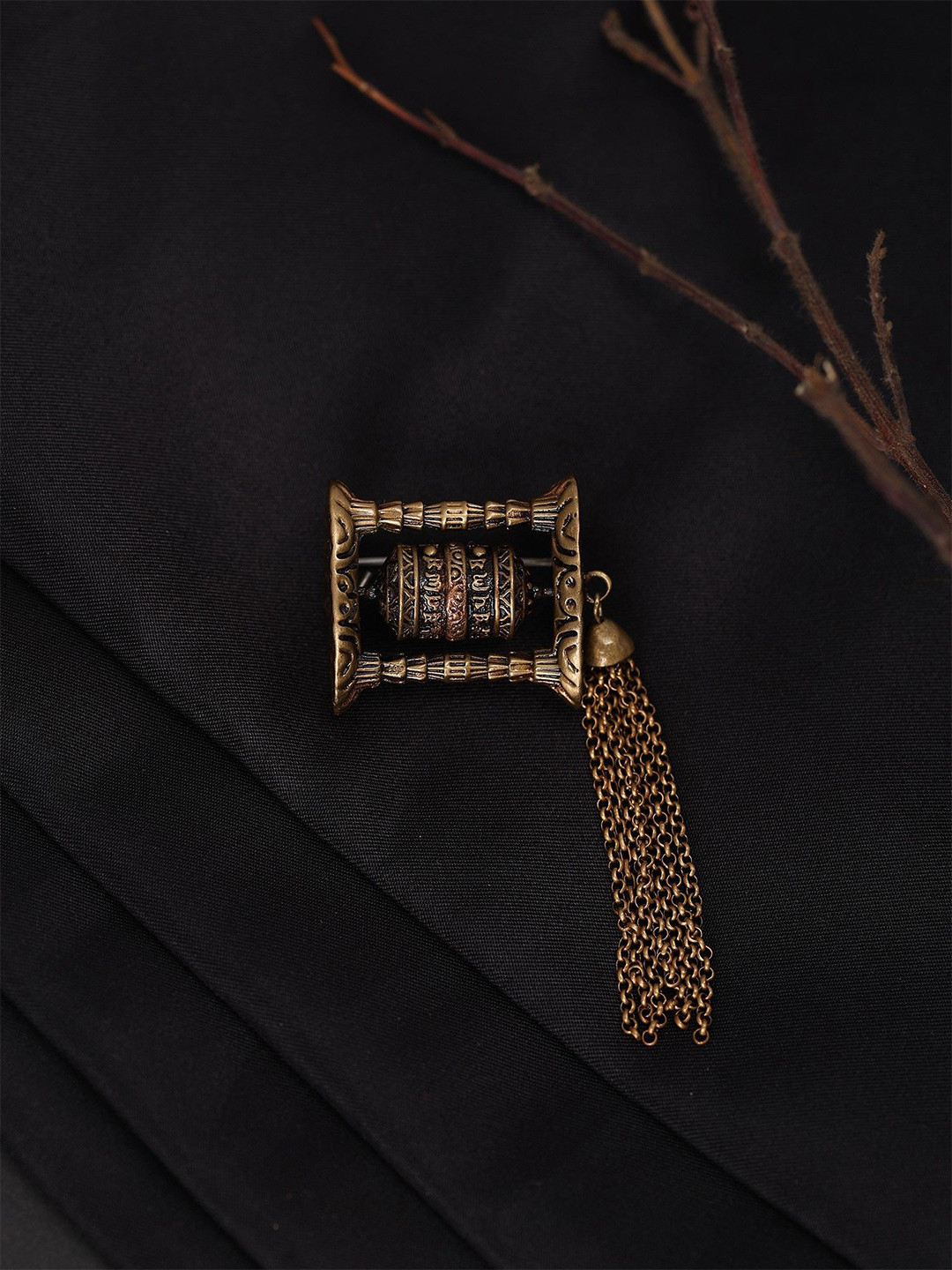 Exotic India Gold-Toned Plated Buddhist Prayer Wheel Brass Brooch
