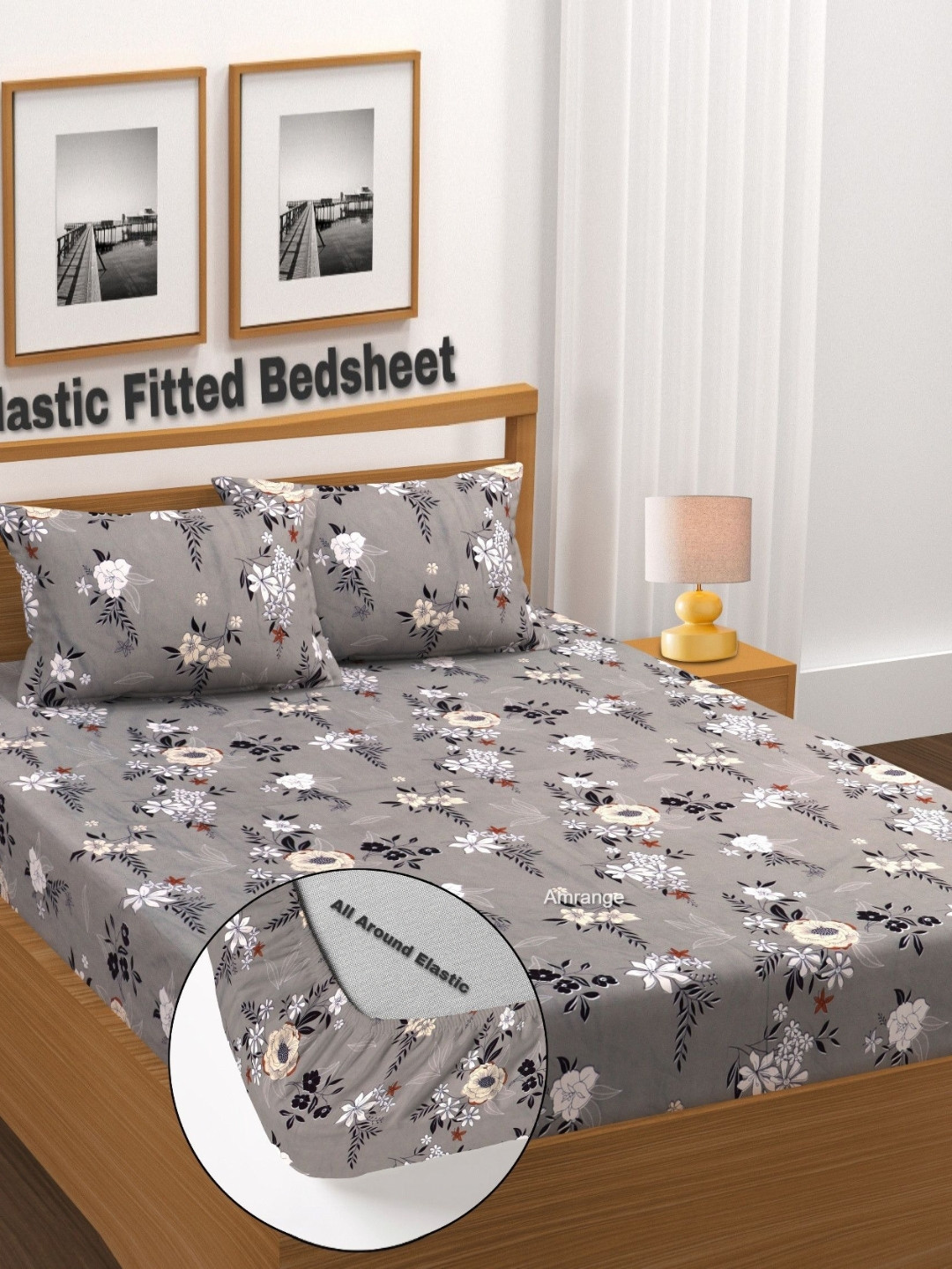 AMRANGE Gray & Black Printed Fitted Microfiber 210 TC Double King Bedsheet Set 1.8m x 1.9m