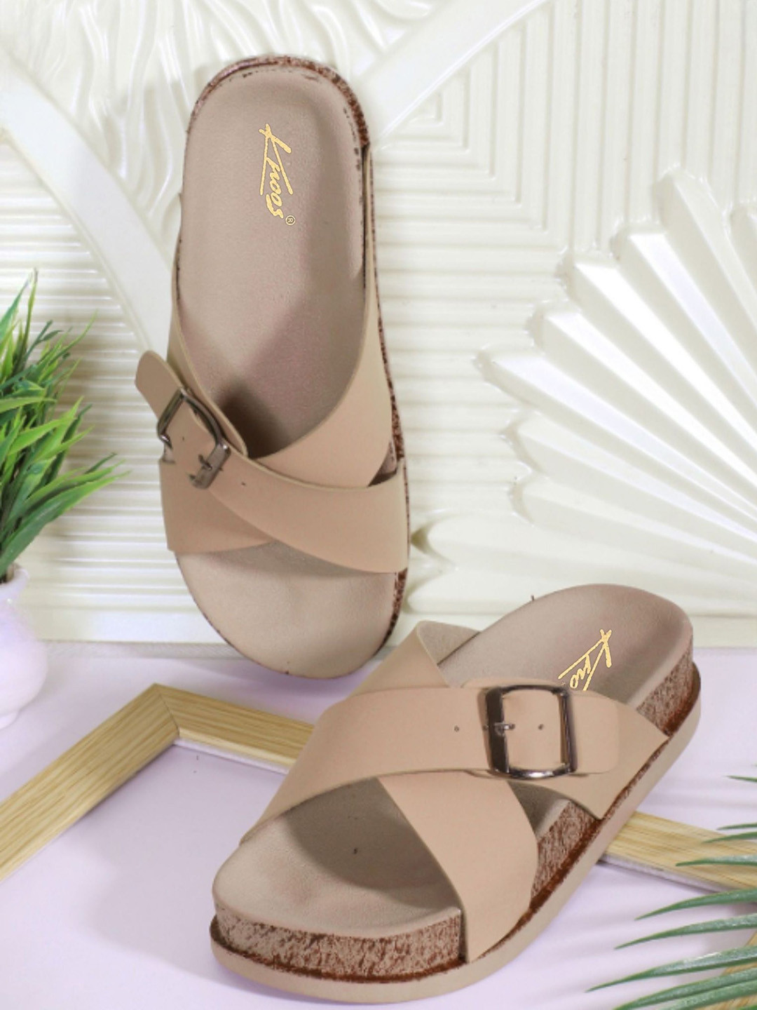 knoos Women PVC Open Toe Flats with Buckles