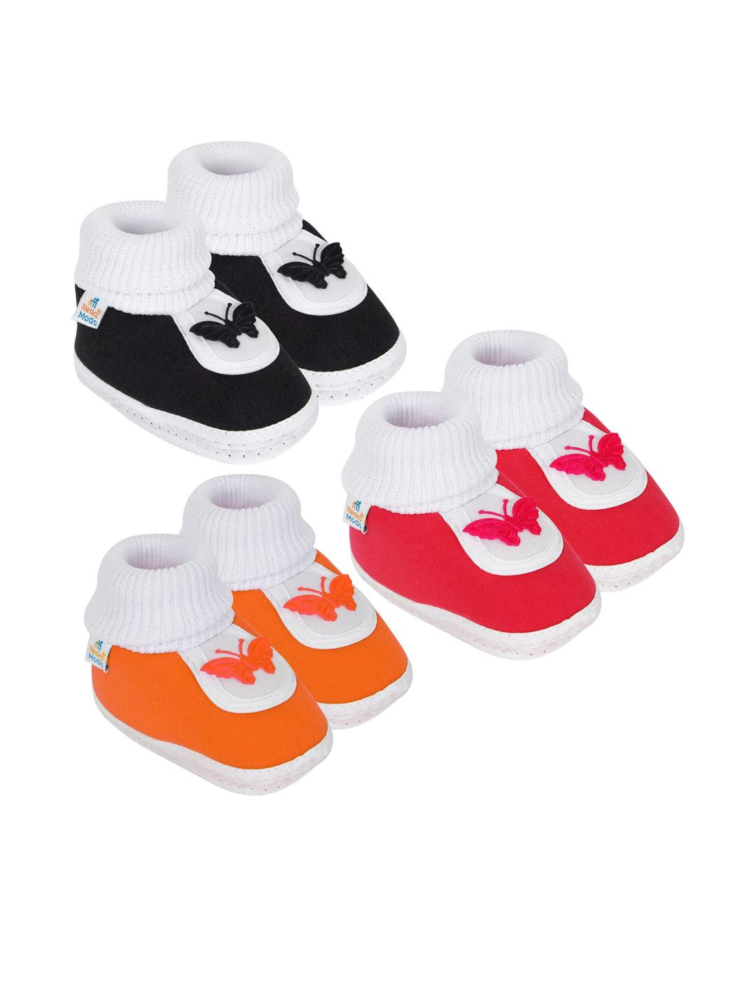 Neska Moda 0 To 12 Months Baby Boys & Baby Girls Pack of 3 Pair Soft Cotton Butterfly Baby Booties (Toe to Heel Length - 12 cm, Black, Red, Orange)