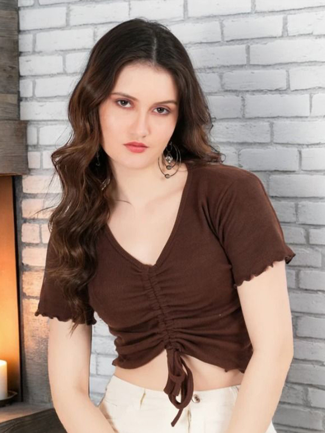 TEEMOODS Women Ribbed V-Neck Tie-Ups Cotton Crop Top