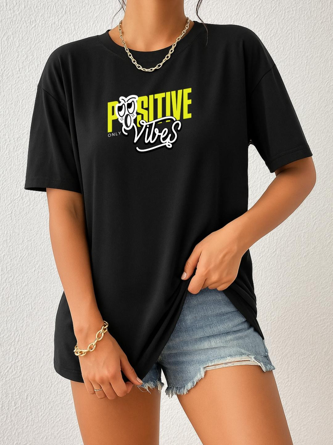 Women Black Positive Vibes Oversized T-Shirt