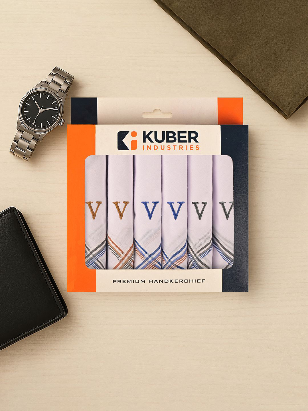 Kuber Industries 6 Pieces Monogram Letter V Embroidery Border Cotton Handkerchiefs