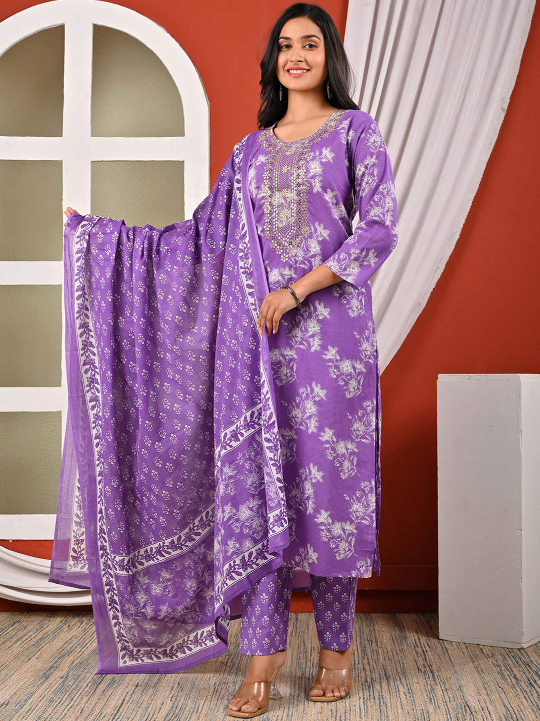 Jasoriya Floral Printed Embroidered Pure Cotton Aline Kurta With Trousers & Dupatta