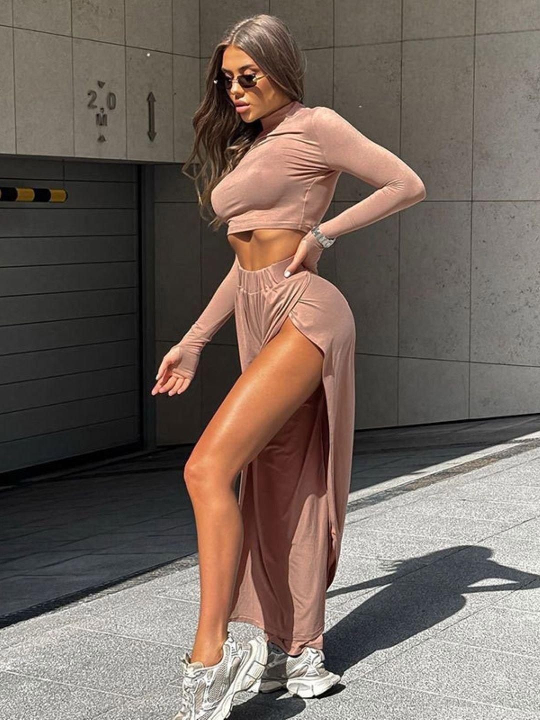 Khaki Long Sleeves Top & Skirt Co-Ords Set