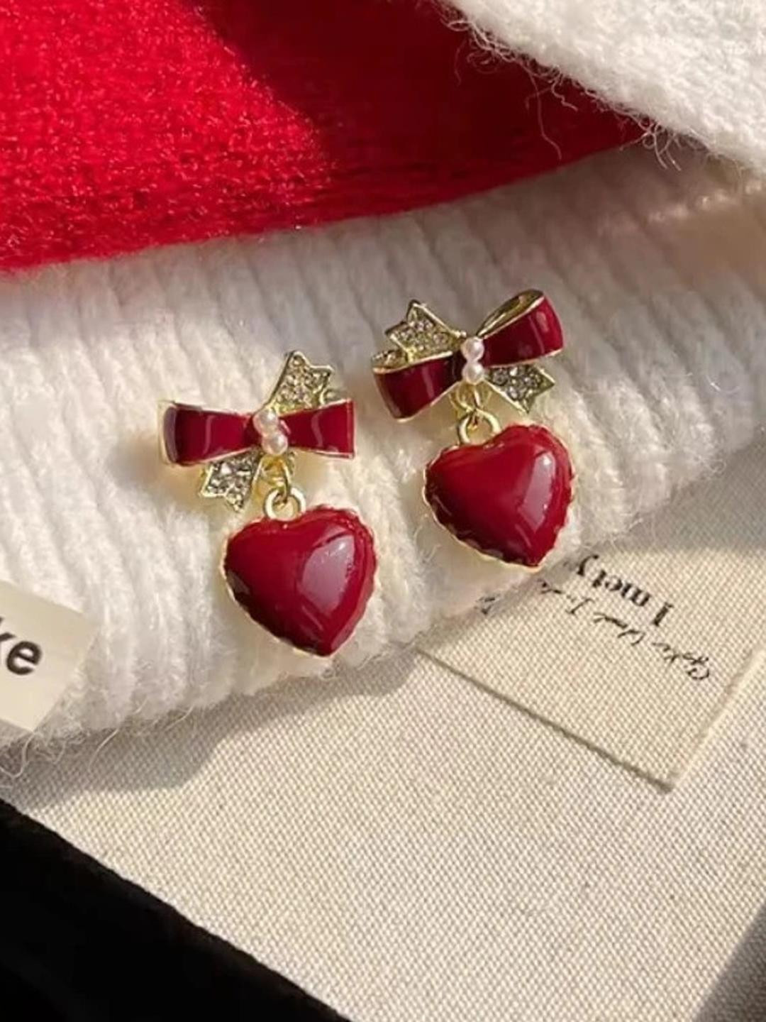 AKISON JEWELS Red Heart-Shaped Earrings