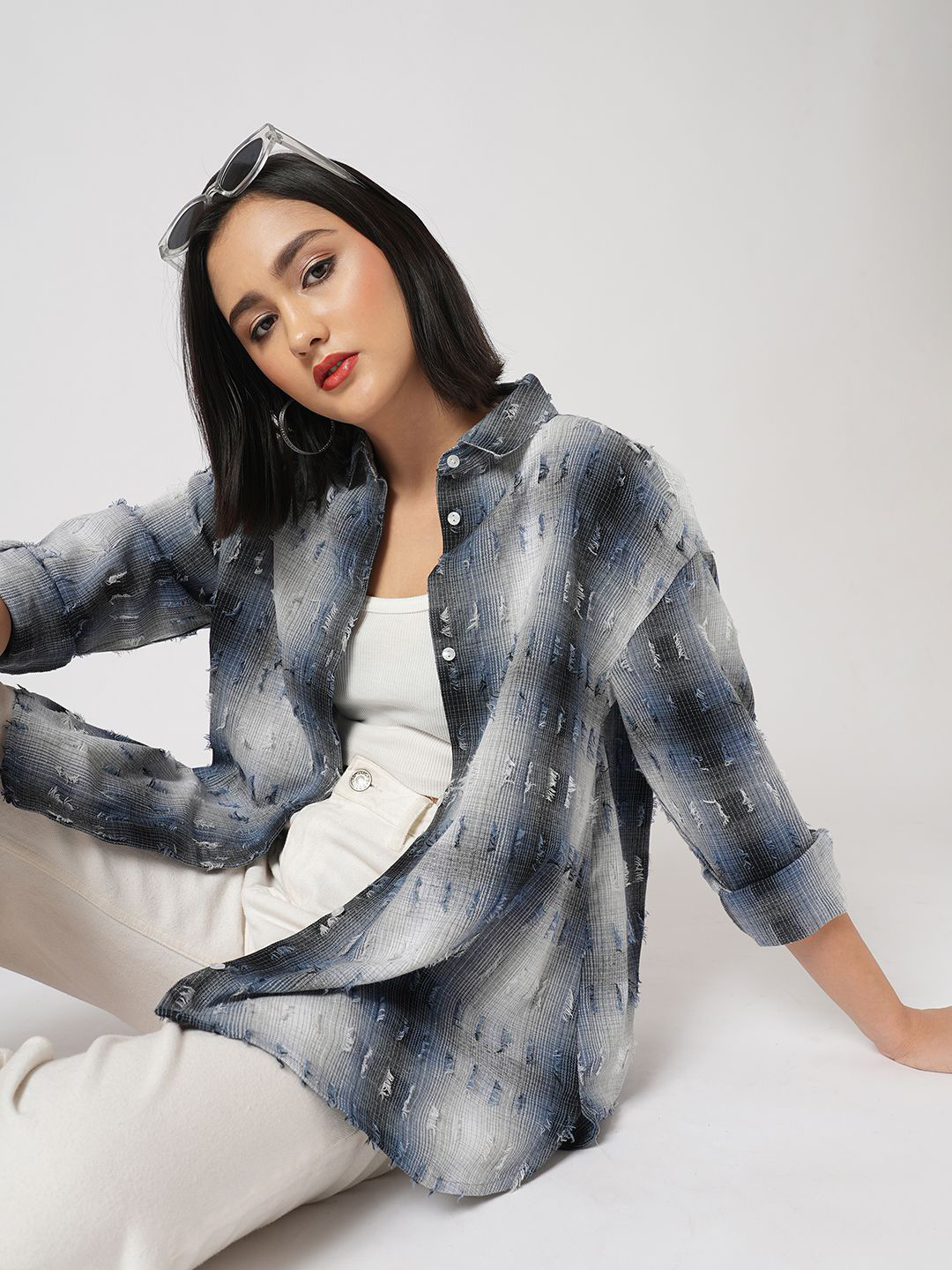 Mystere Paris Faded Self Design Spread Collar Classic High-Low Cotton Oversized Shirt