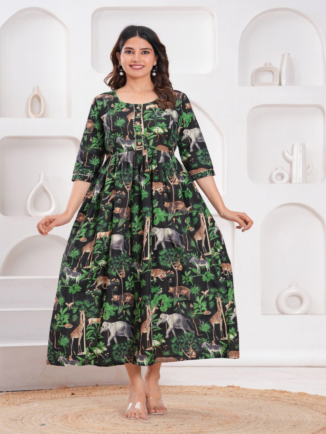 Fasnesio Women Animal Printed Maternity Cotton Anarkali Kurta