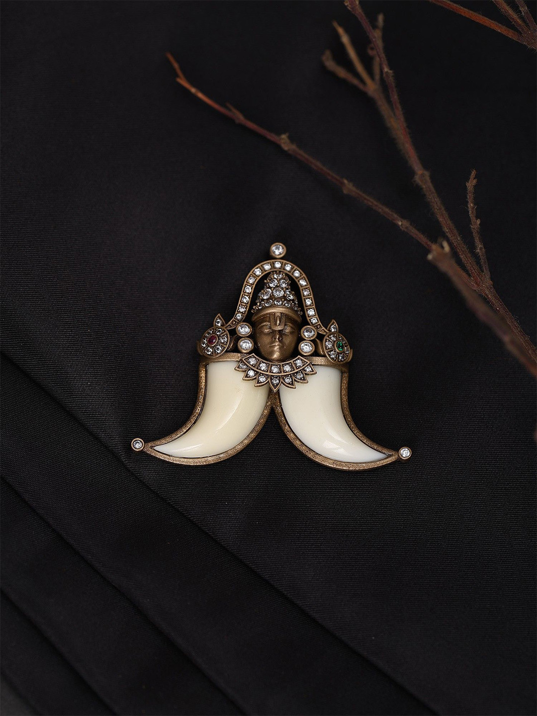 Exotic India Stone Studded Tiger Nail Brooch with Lord Venkateshwara Swamy