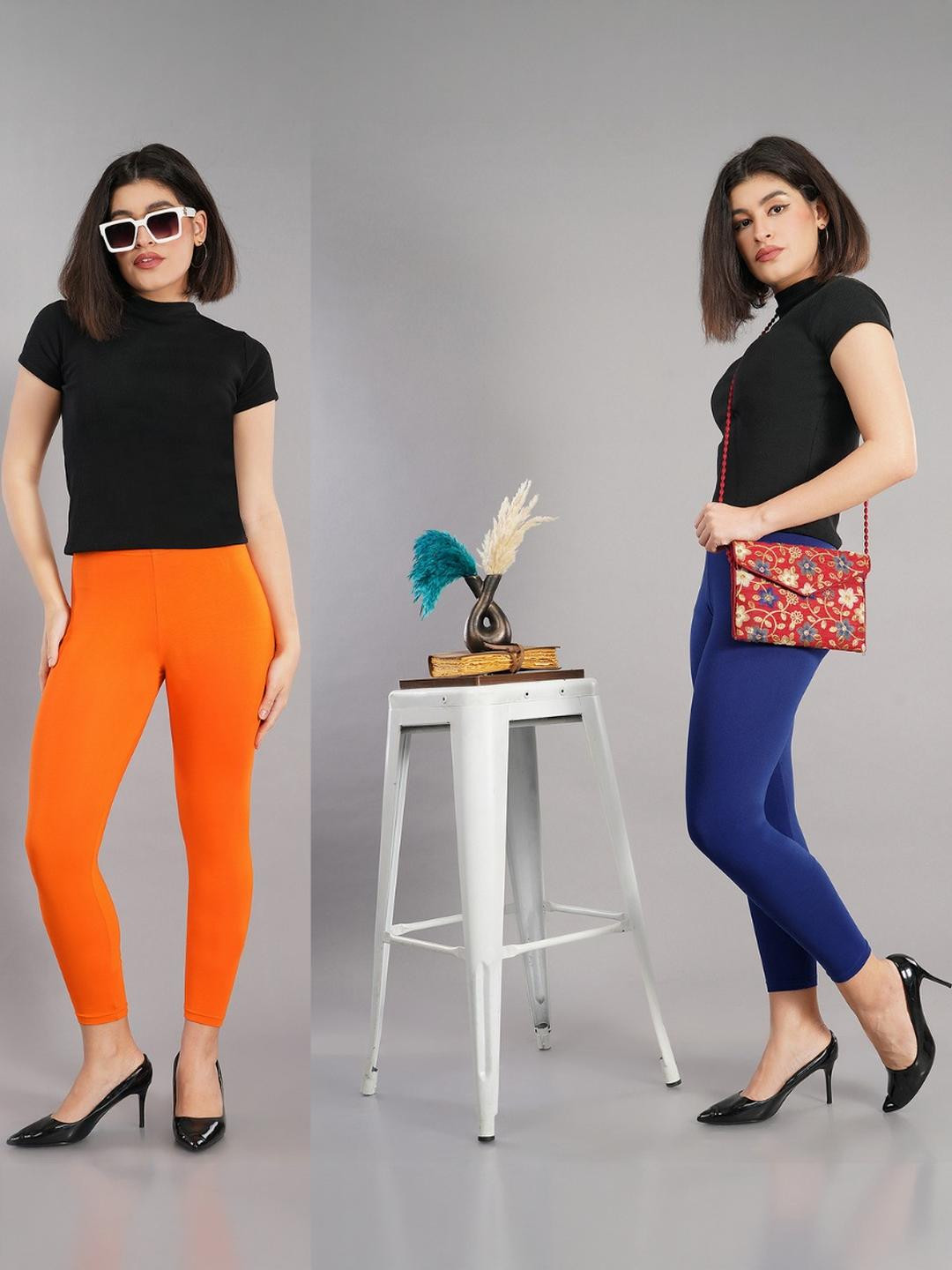 Avaasa Buy Shruthi Orange & Navy Blue Viscose Rayon Ankle Length Leggings