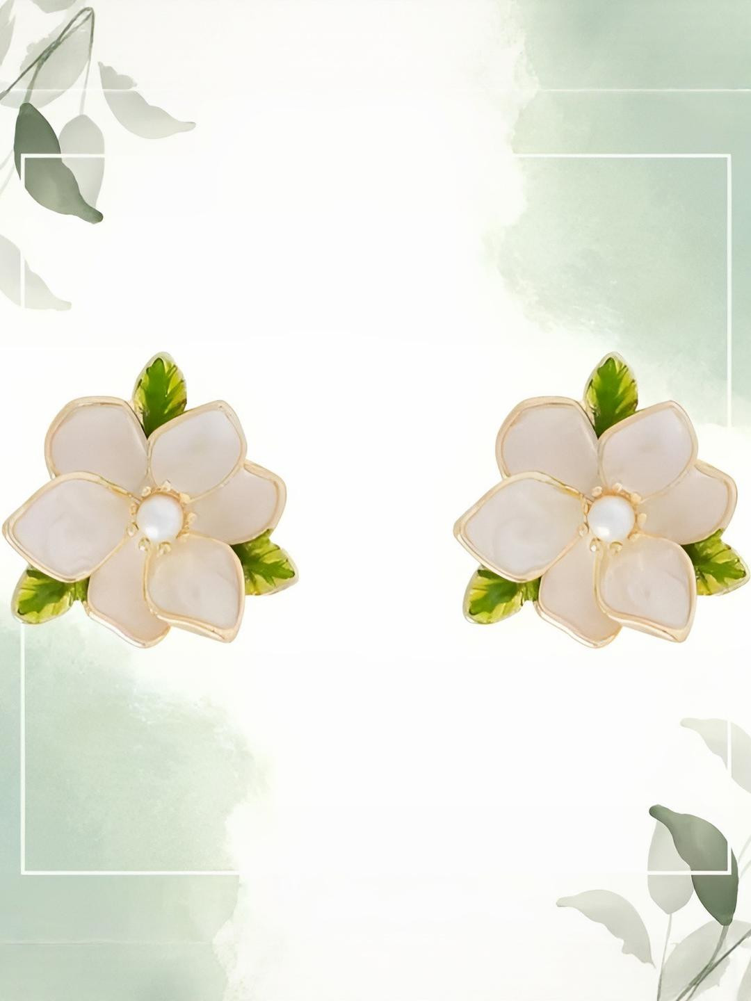 AKISON JEWELS Women White and Green Gold-Plated Floral Studs Earrings