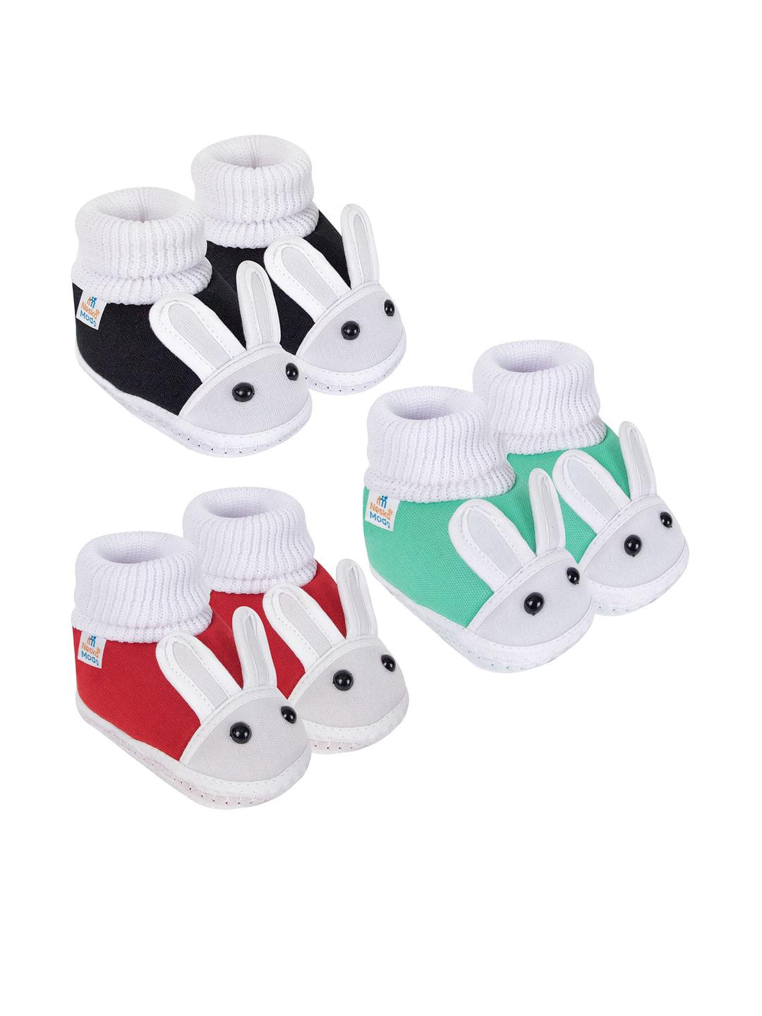 Neska Moda 0 To 6 Months Newborn Baby Boy & Girls 3 Pair Set Cotton Rabbit Slip On Baby Booties (Toe to Heel Length - 10 cm, Black, Red, Mint)