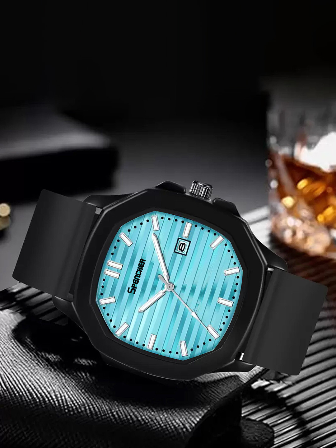 SPENCHER Men Brass Dial & Bracelet Style Straps Analogue Watch Vintage Black Square Case