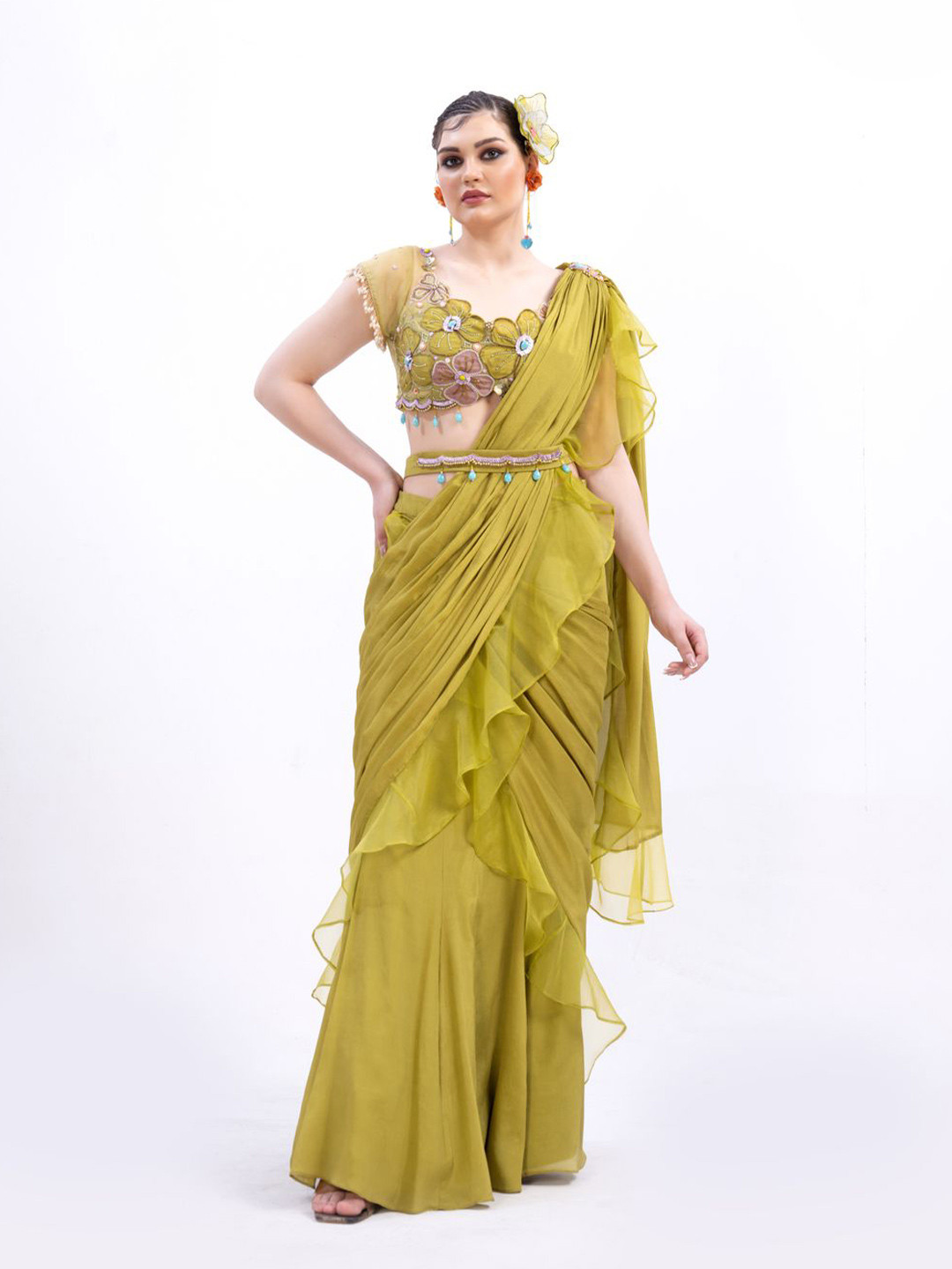 MERGE DESIGN Embellished Beads and Stones Pure Chiffon Ruffle Saree
