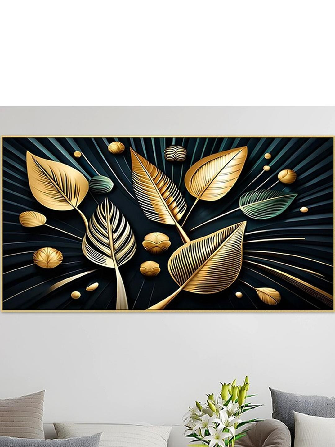 DEKORSTATION Gold-Toned & Green Floral and Botanical Abstract Canvas Wall Painting