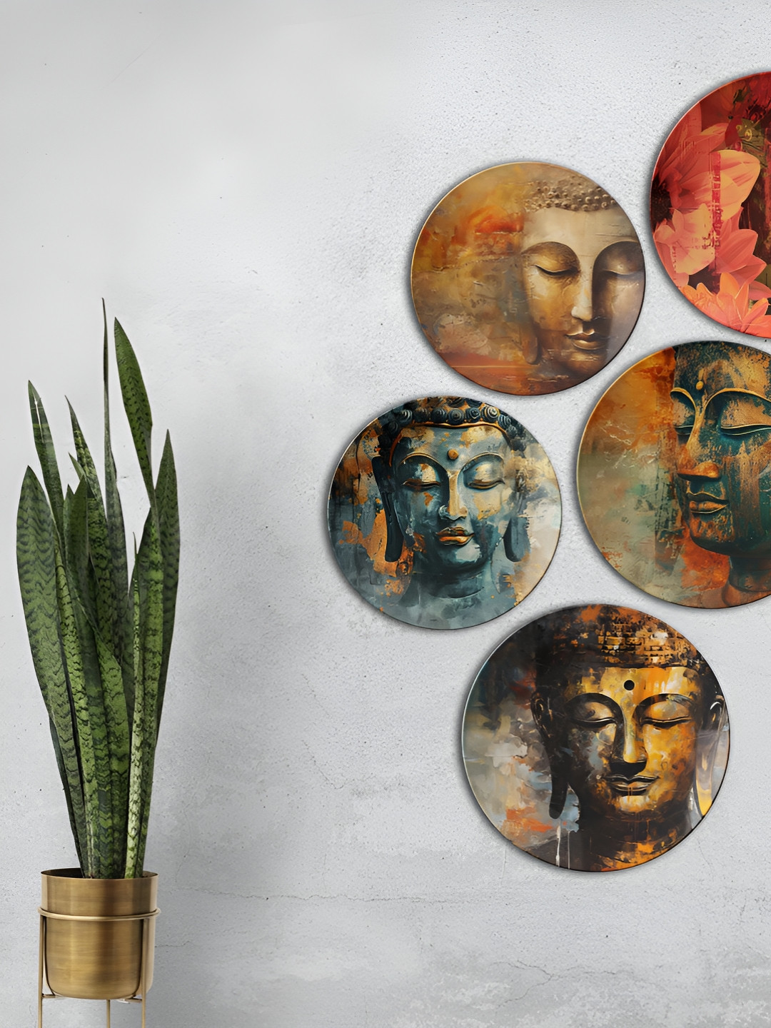 THE QUIRKY HOME Serene Expressions of Buddha Ceramic Glossy 5Pcs Wall Plates-10In