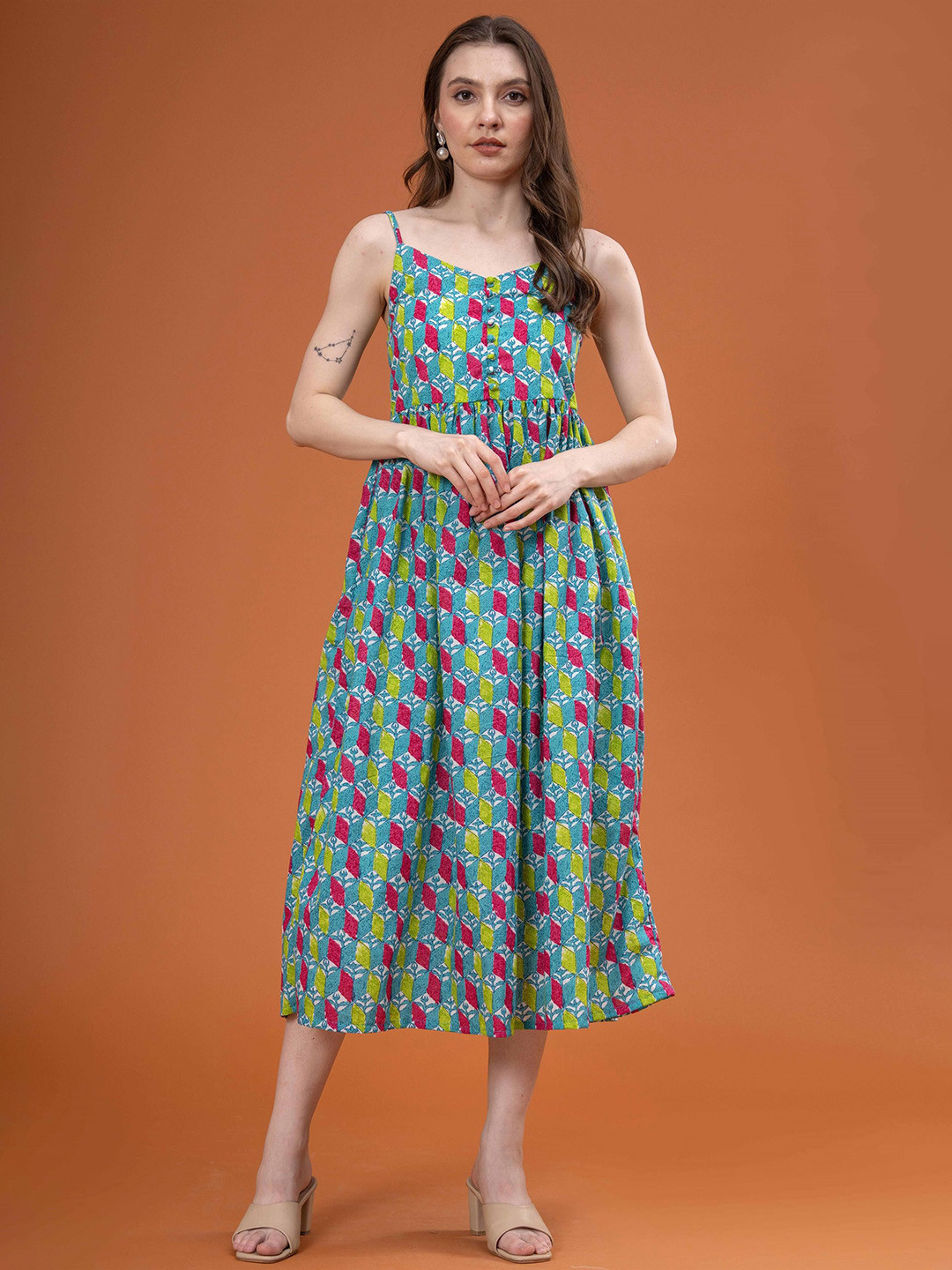 Chandbaali Women Ethnic Motif Printed Sleeveless Cotton A-Line Dress