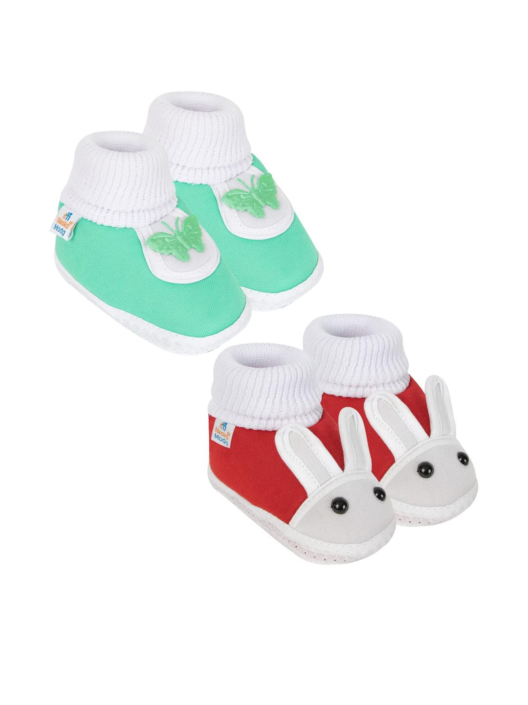 Neska Moda 3 To 12 Months Baby Boys & Baby Girls Pack of 2 Pair Cute Soft Cotton Pre-Walker Booties (Toe to Heel Length - 12 cm, Mint, Red)