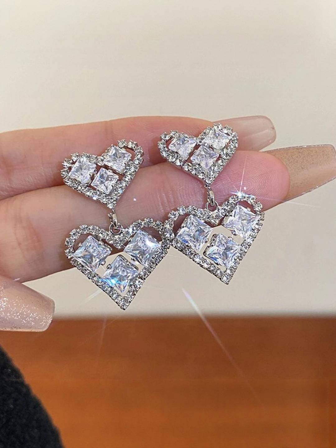 AKISON JEWELS Silver plated Heart Crystals Earrings