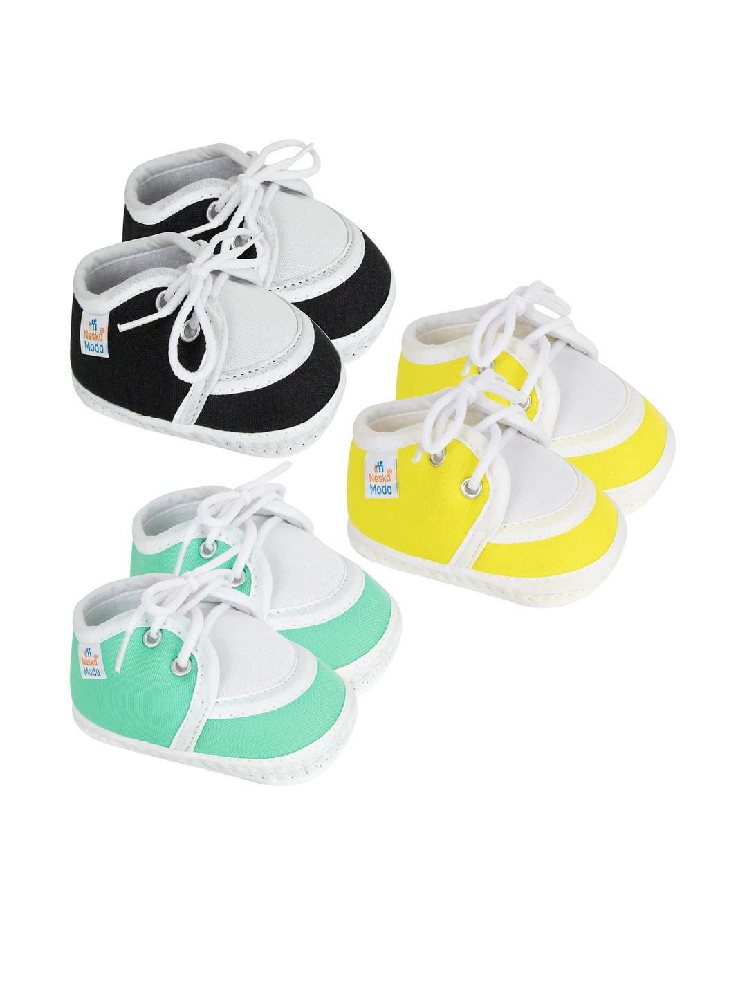 Neska Moda 0 To 12 Months Baby Boys & Baby Girls Set of 3 Pair Combo Soft Cotton Lace Booties (Toe to Heel Length - 12 cm, Black, Light Green, Yellow)