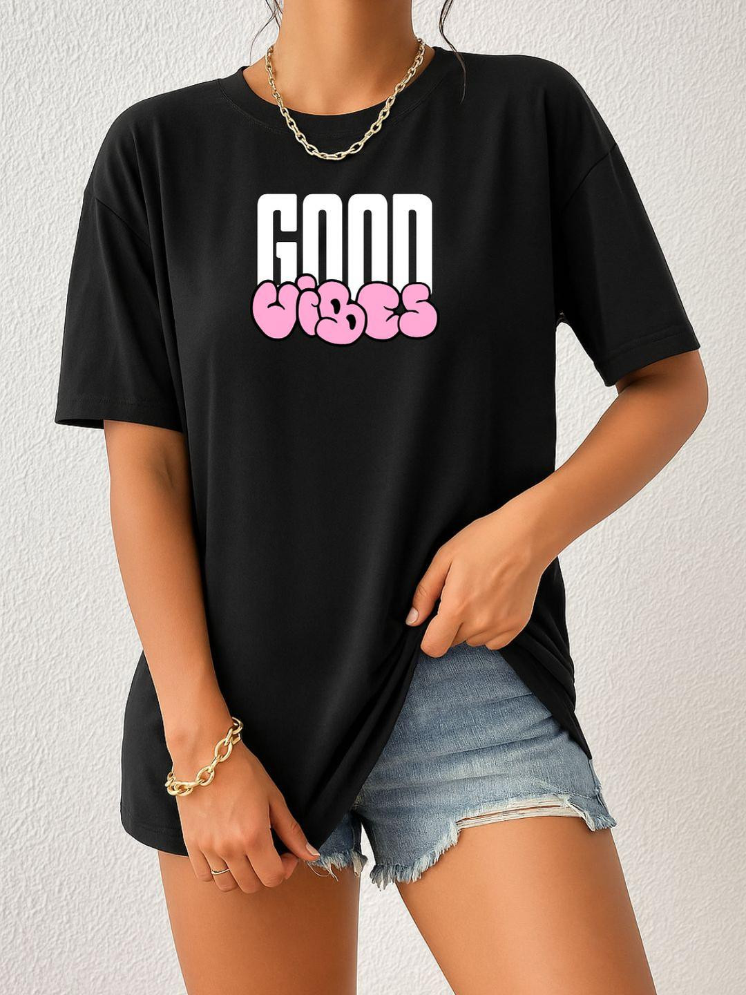 Women Black Good Vibes Typography Oversized T-Shirt