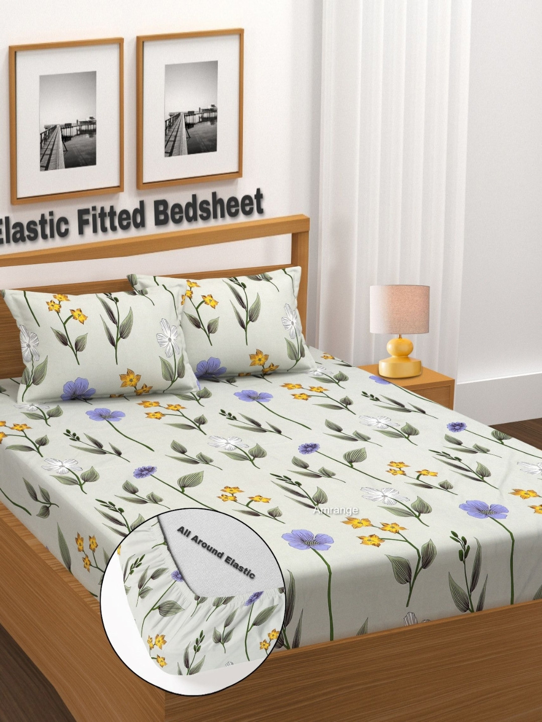 AMRANGE White & Green Printed Fitted Microfiber 210TC Double King Bedsheet Set 1.8m x 1.9m