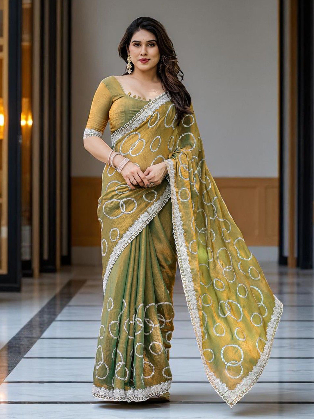 Pionex  Jimmy Chu Sequin Geometric Embroidered Tissue Saree