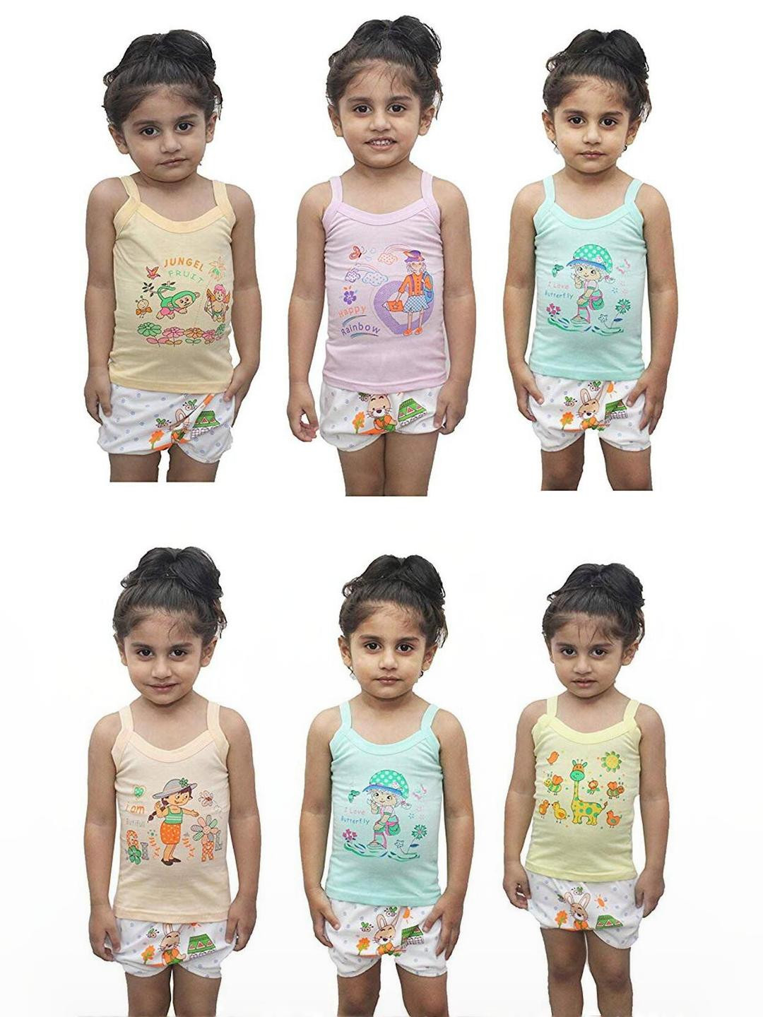 TINY HANDS Pack of 6 Girls Printed Cotton Innervests