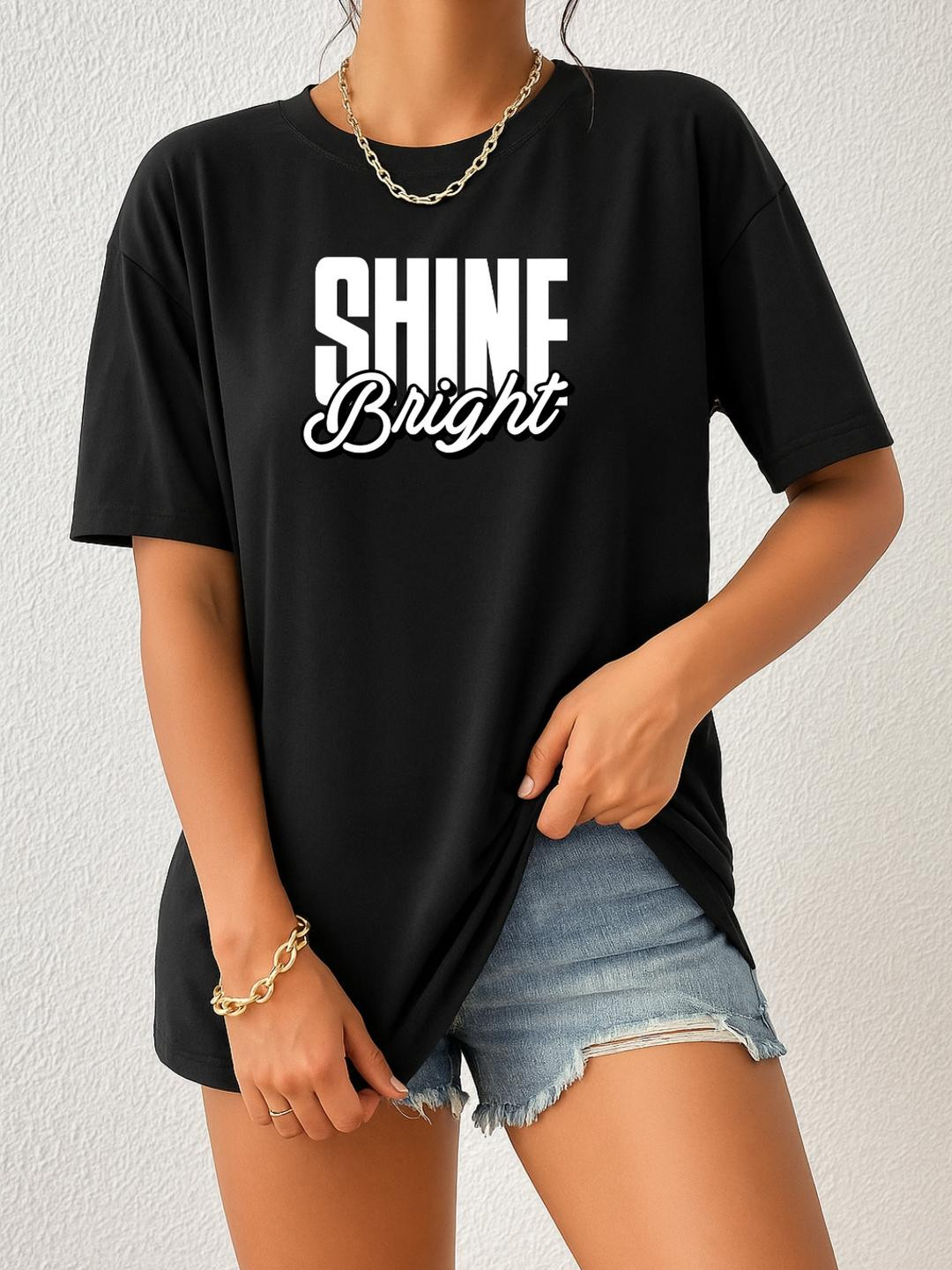 Women Black Shine Bright Typography Oversized T-Shirt