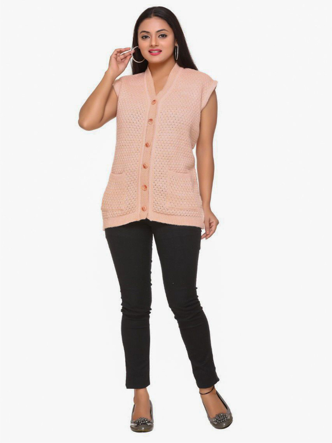 WOOL 4U Self Design V-Neck Sleeveless Woollen Cardigan