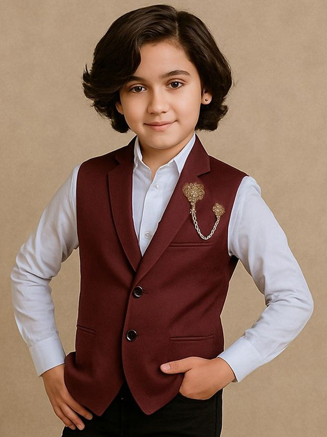 Qitty Boys Corduroy V-Neck Tuxedo Waistcoat