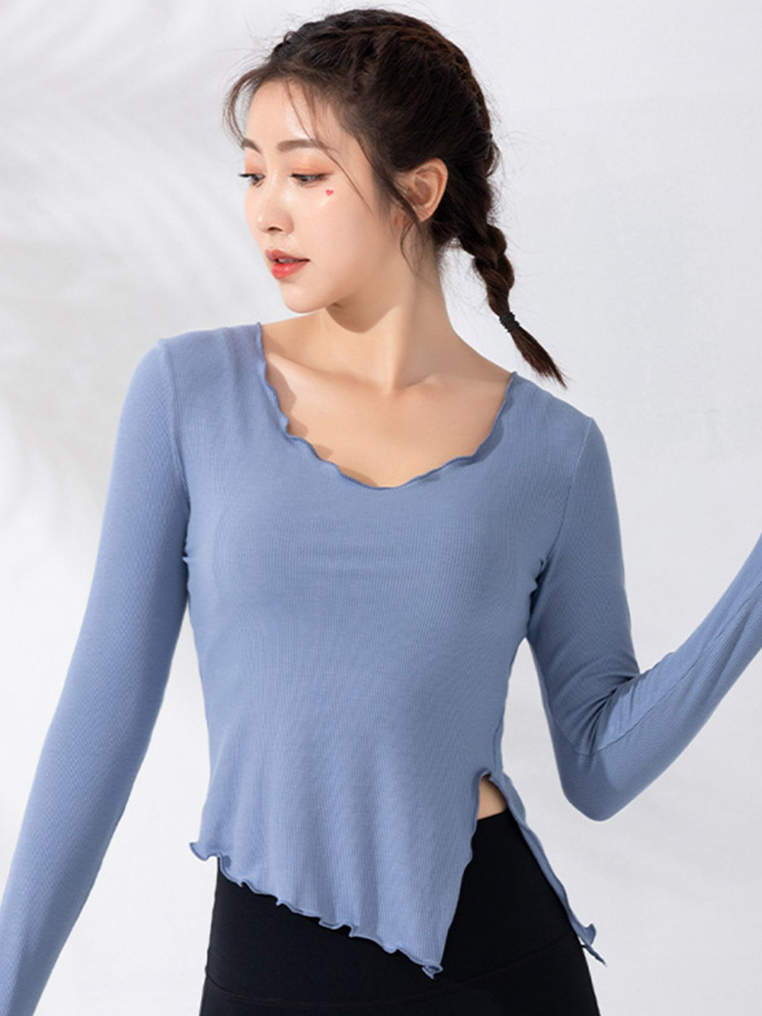 LULU & SKY Women Blue Ribbed Scoop Neck Top