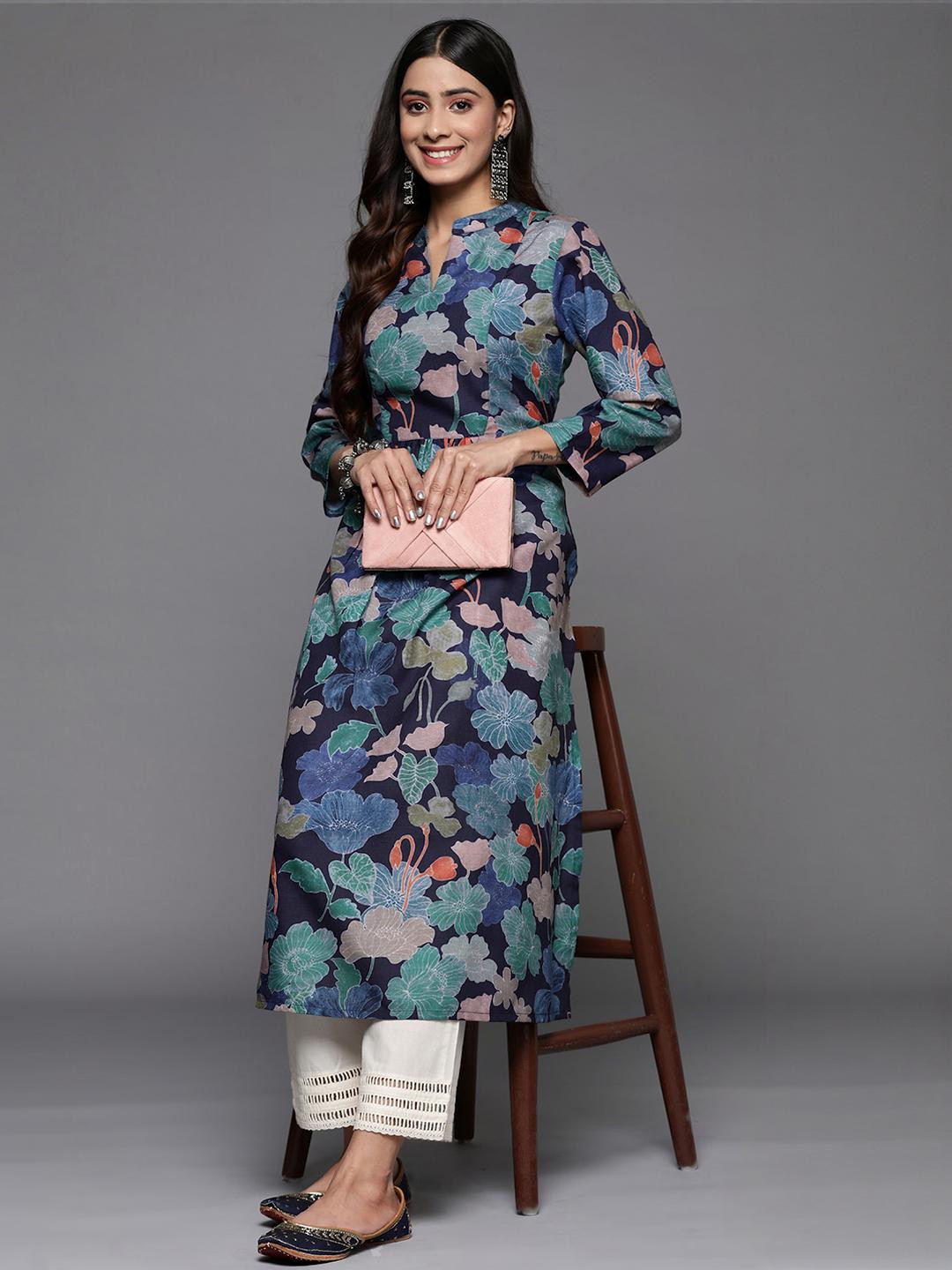 KSUT Women Blue Floral Mandarin Collar Three-Quarter Sleeves Viscose Rayon Kurta