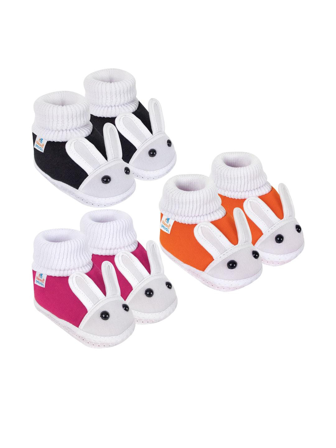 Neska Moda 12 To 18 Month Non Slip Baby Boys & Girls Pack of 3 Pair Cotton Rabbit Slip On Booties (Toe to Heel Length - 14 cm, Black, Rani, Orange)
