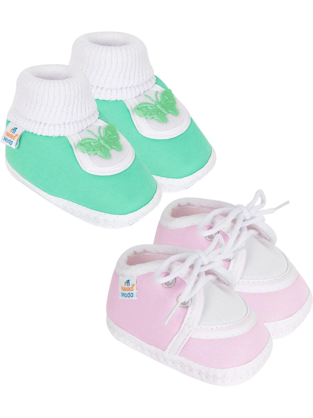Neska Moda Newborn 2 Pair Set 3 To 12 Months Unisex Baby Cotton Butterfly Design Soft Lace Booties (Toe to Heel Length - 12 cm, Mint,Baby Pink)