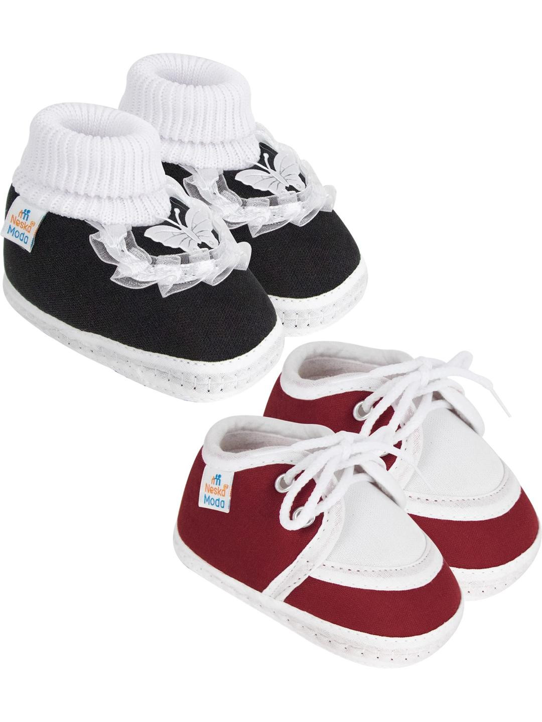 Neska Moda 3 To 12 Months Baby Boys & Baby Girls Set of 2 Pair Cute Soft Cotton Pre-Walker Booties (Toe to Heel Length - 12 cm, Black, Maroon)