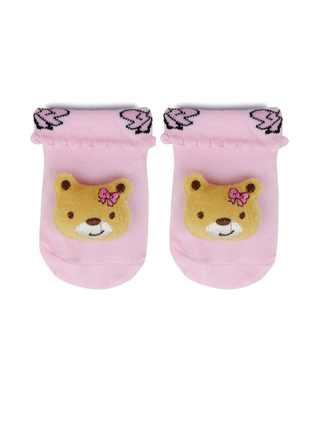 Neska Moda 6 To 12 Months Cotton Teddy Face Baby Ankle Socks/ Booties (Toe to Heel Length - 12 cm, Baby Pink, Brown)