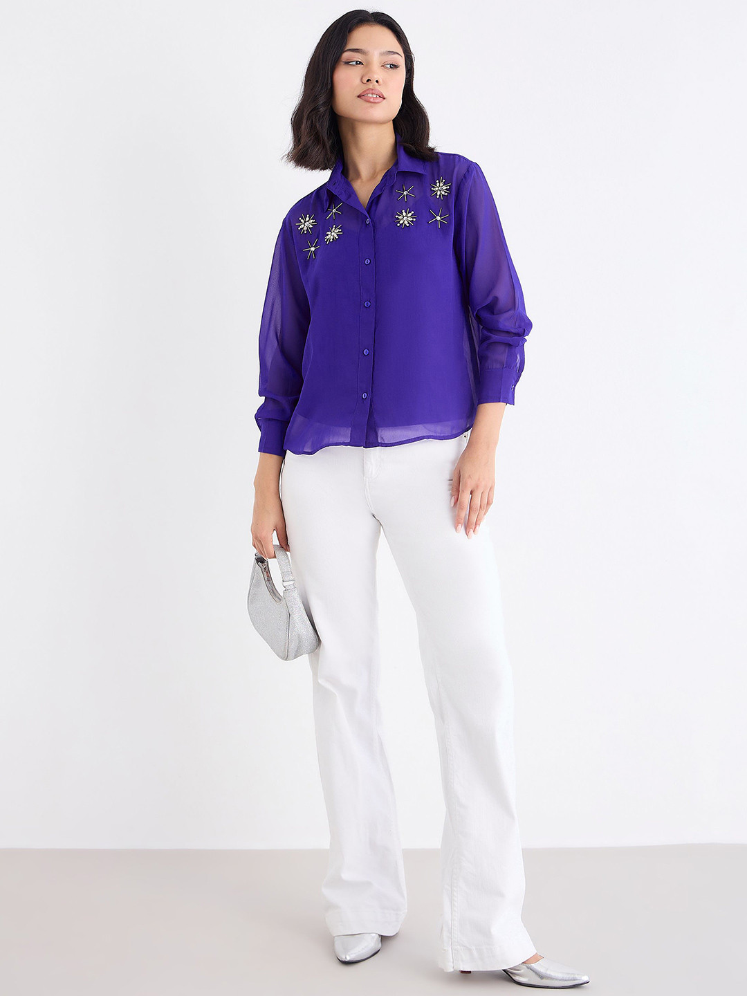 Styli Women Embellished Evening Wear Shirt with Cami