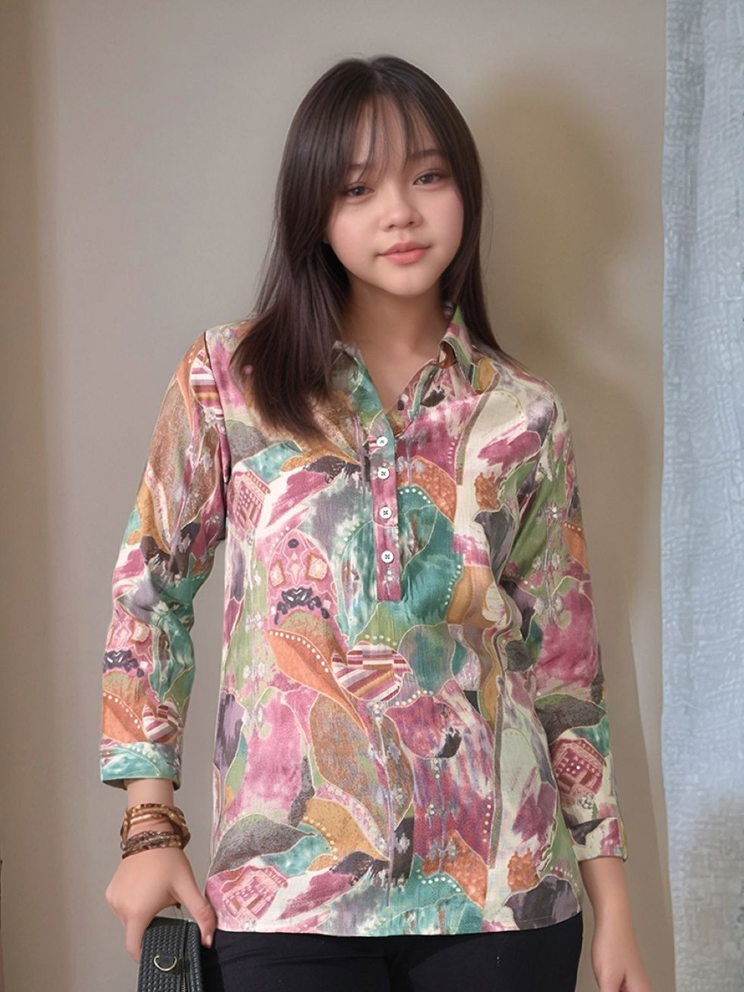 Myshka Printed Cuffed Sleeve Shirt Style Top