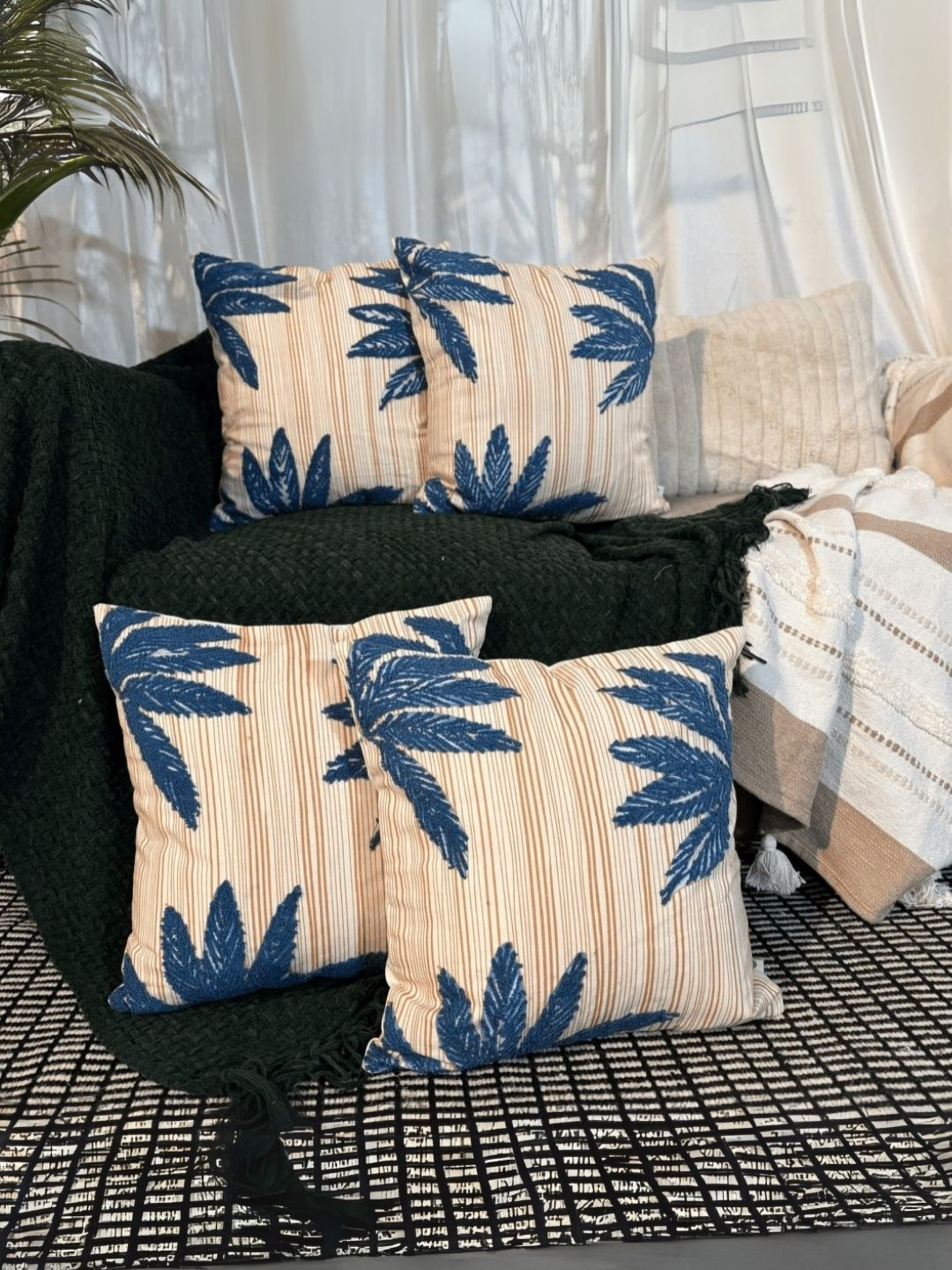 LUSHLYF Rust & Teal 4 Pieces Embroidered Pure Cotton Square Cushion Covers